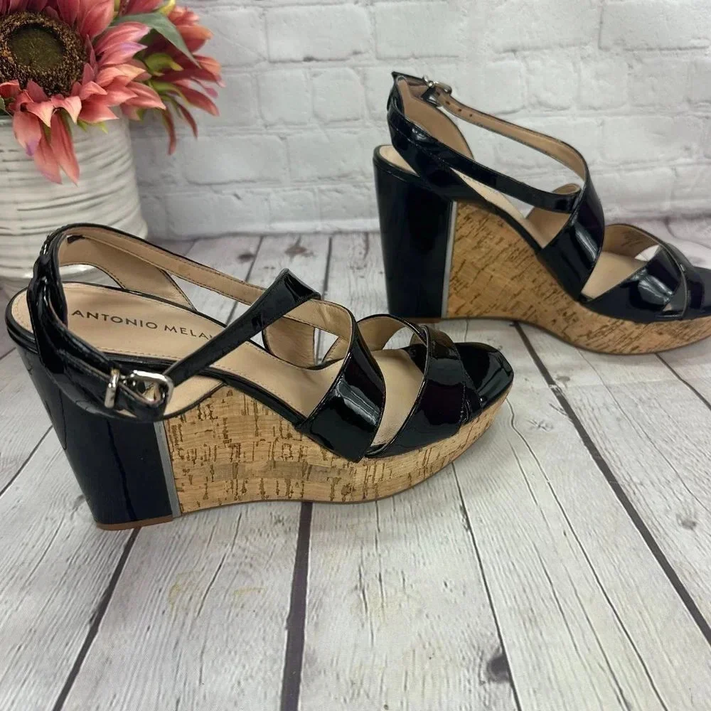antonio melani SYDNIEE wedge sandals black patent cork look heel size 8.5